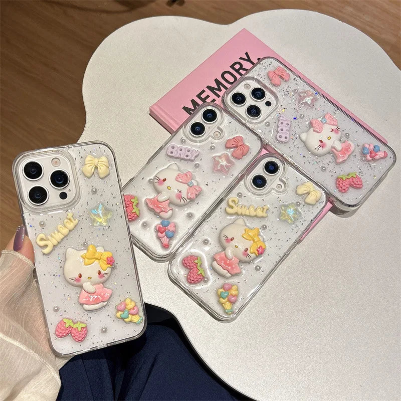 3D Cartoon Strawberry Hello Kitty Drop Glue Glitter Phone Case For iPhone