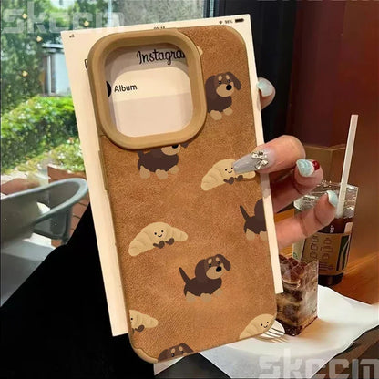 Line Drawing Sausage Dog Leather Phone Case For iPhone