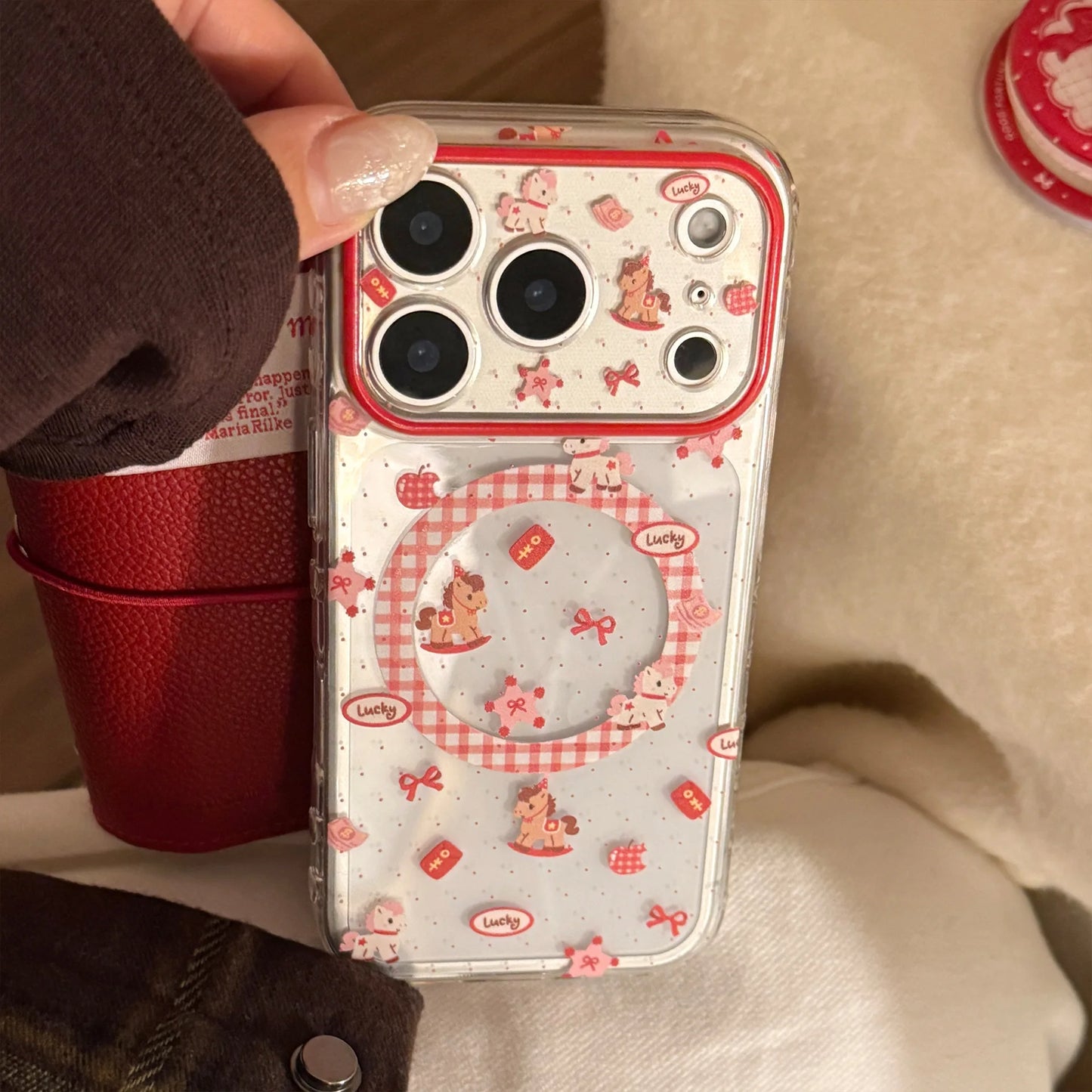 2026 Korean Cartoon Pony Quicksand Magnetic Bracket Phone Case For iPhone