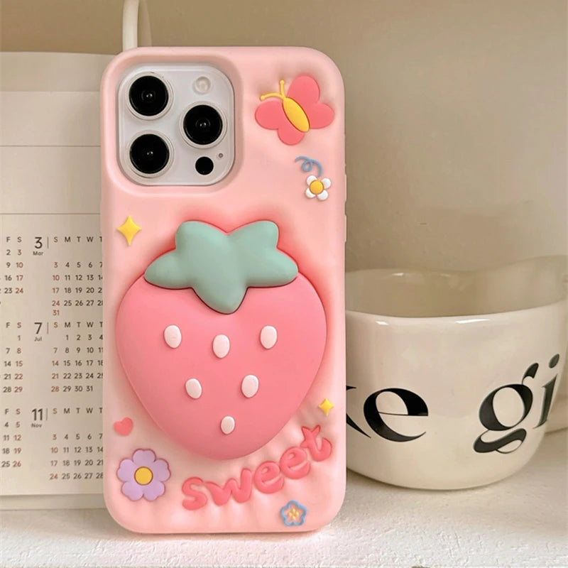 Cartoon Strawberry Hand Grip Holder Soft Silicone Phone Case