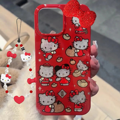 New Year's Ingots Red Hello Kitty Diamond Bow Phone Case For iPhone