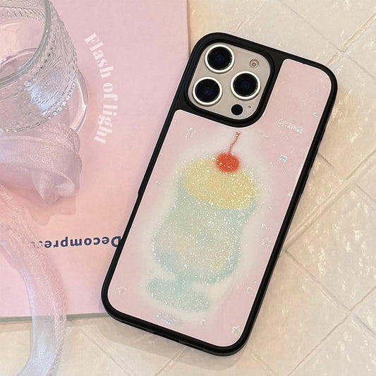 Korean Black Frame Glitter Cherry Juice Cup Phone Case For iPhone