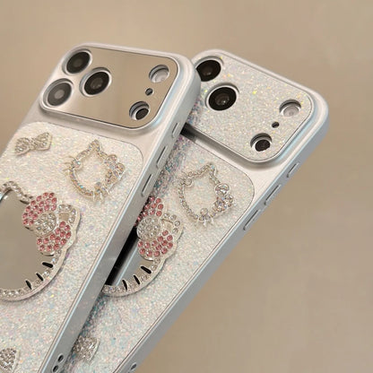 3D Cute Cartoon Sanrio KT Bling Glitter Makeup Mirror Phone Case For iPhone
