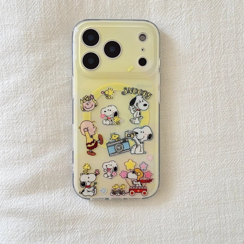 Snoopy Charlie Brown Cute Cartoon Magnetic Holder Magsafe Wireless Charge Phone Case For iPhone