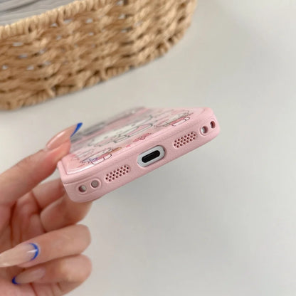 Pink Faux Leather Hello Kitty Phone Case With Bead Cartoon Wrist Lanyard Shockproof Cute  Cover For iPhone
