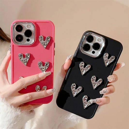 Plating Wrinkle 3D Silver Love Heart Phone Case For iPhone