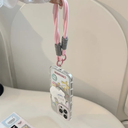 Korean Cartoon White Cat Bracket With Lanyard Makeup Mirror Phone Case For iPhone