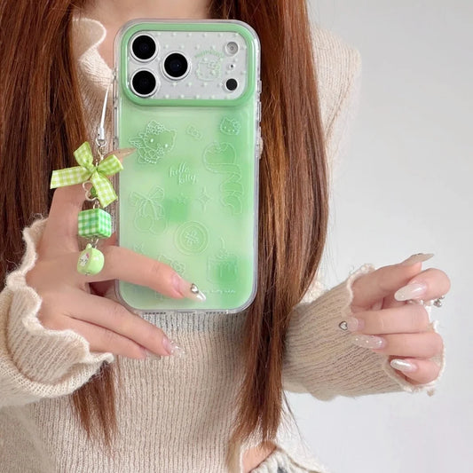 Korean Cute IMD Double Layer Green Line Kitty Phone Case For iPhone