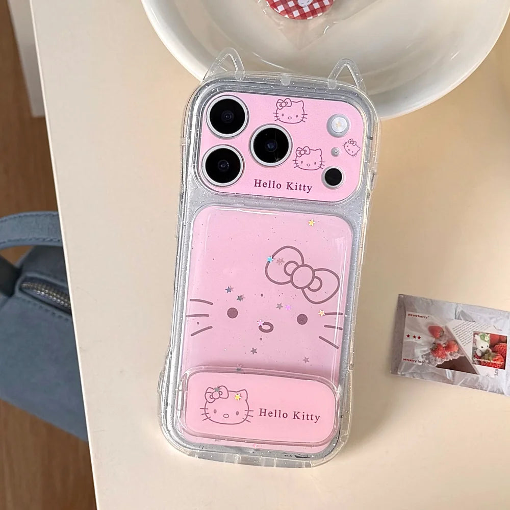 Luxury Pink Cat Ear Drop Adhesive Powder Kitty With Bracket Phone Case For iPhone