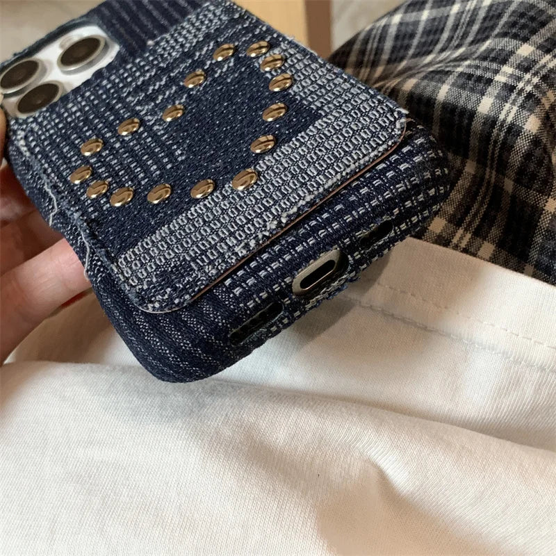 Fashion Riveted Love Card Holder Bag Denim Phone Case