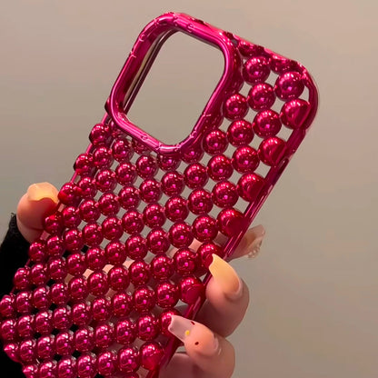 Luxury Plating Red Pearl Round Beads Heart Dissipation Phone Case