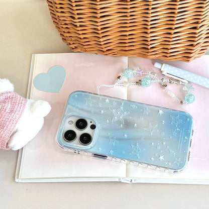 Gradient Blue Star Pattern with Beaded Wrist Chain Korean Style Phone Case