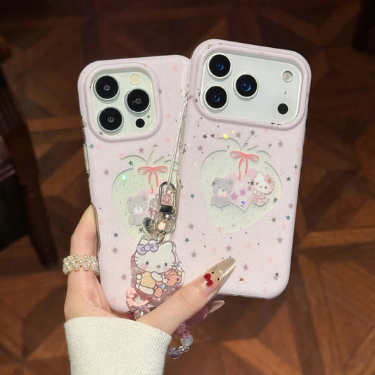 Cute Pink Star Flash Strawberry Kitty Phone Case For iPhone