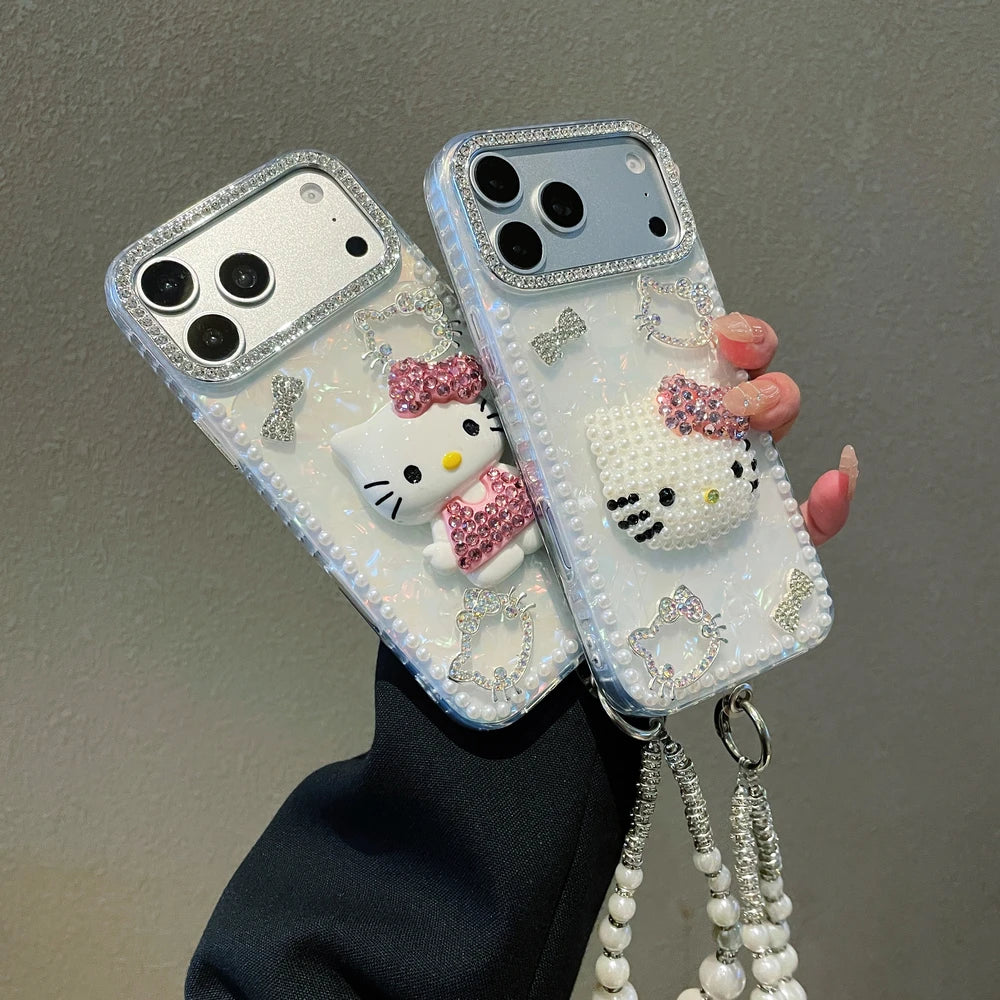 3D Cute Cartoon Sanrio Hello Kitty Bling Glitter Pearl Phone Case For iPhone