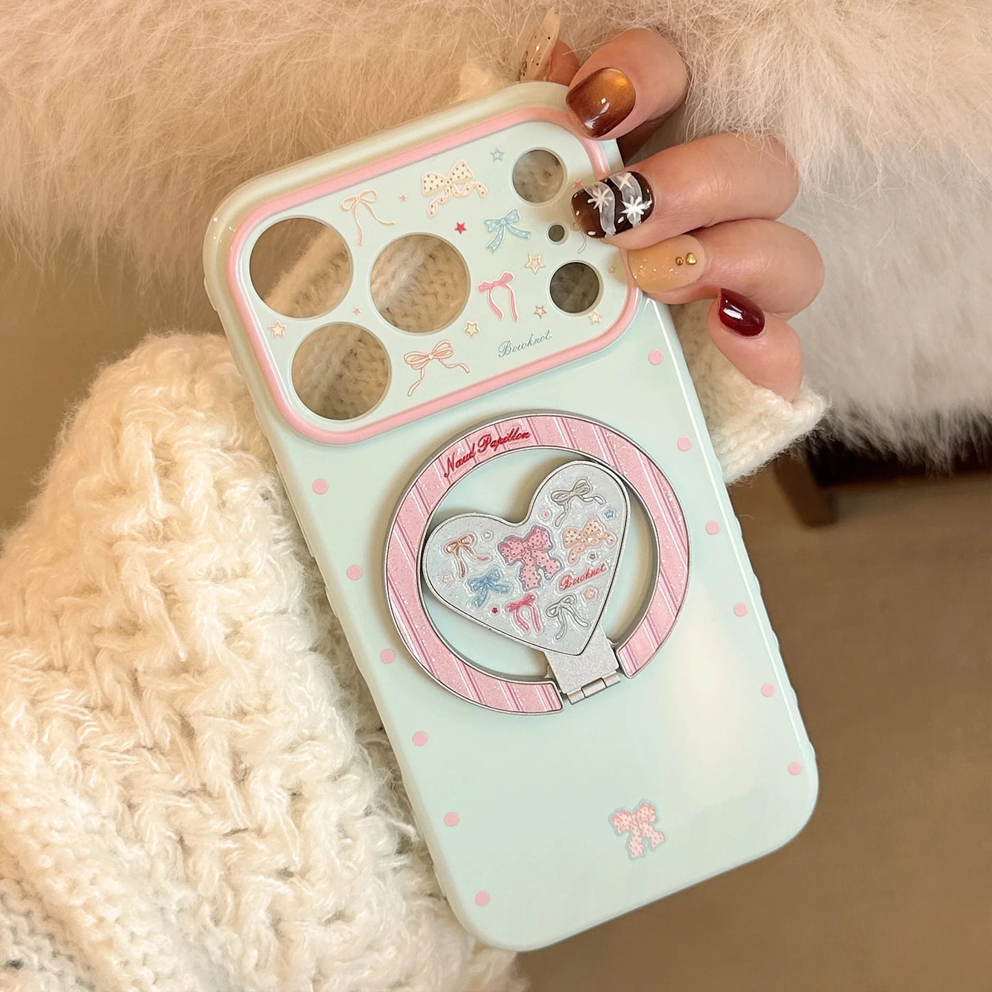 Korean Fold Love Heart Glitter Colorful Bowknot Magnetic Holder Phone Case For iPhone