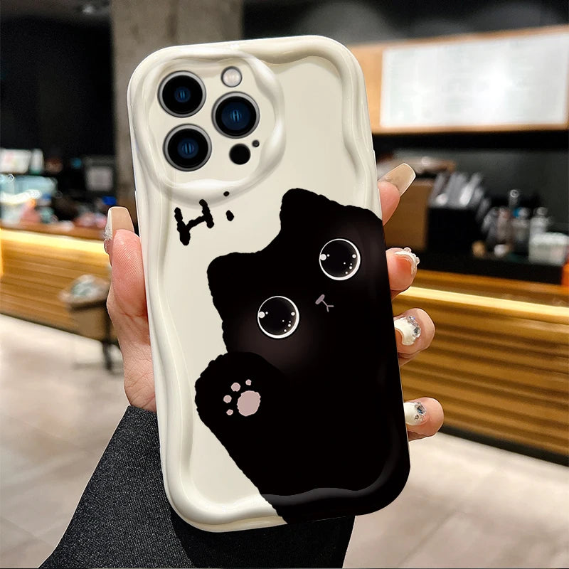 Cute Big Eyed Black Cat 3D Wave Phone Case  For iPhone
