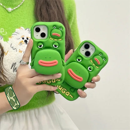 Cute Cartoon Thick Lips Frog Silicone Telescopic Bracket Phone Case For iPhone