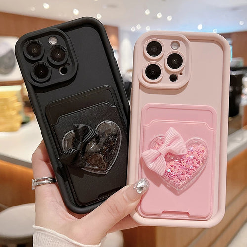 Lovely 3D Love Heart Card Bag Holder Phone Case For iPhone