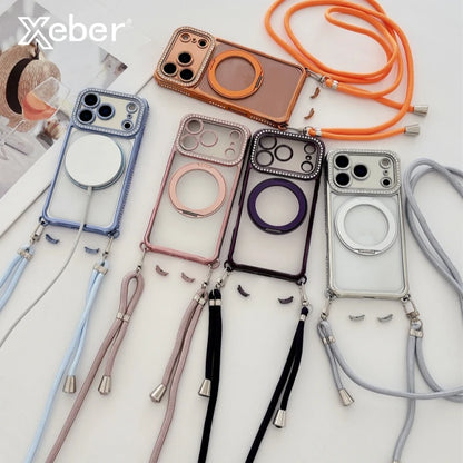 Flash Diamond Necklace Cord Rope Lanyard Plating Magnetic Clear Bracket Case For iPhone