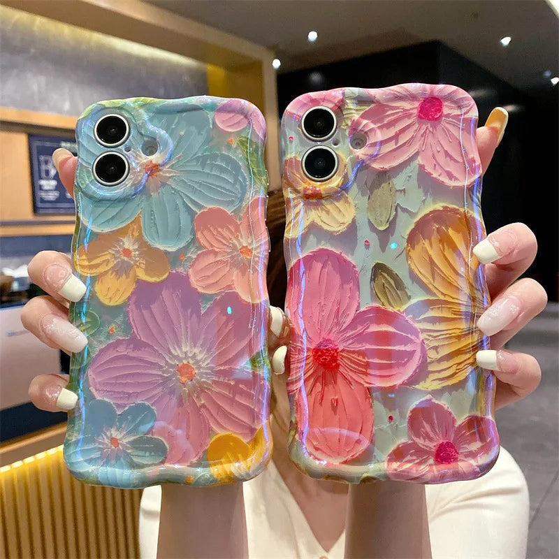 Luxury Blue Light Oil Painting Flowers Wavy Phone Case For iPhone