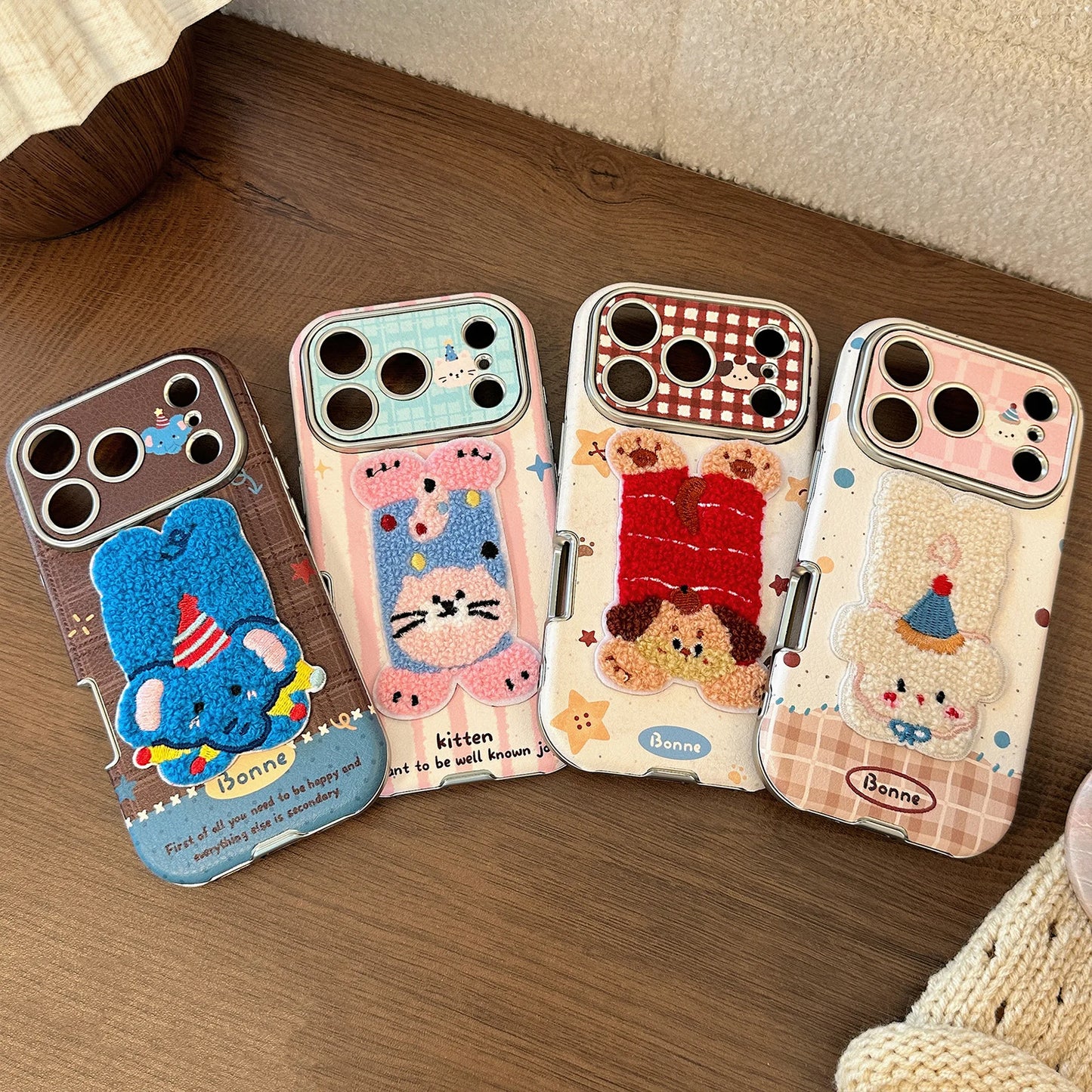 Korean Cartoon Embroidery Plush Animals Leather Texture Phone Case For iPhone