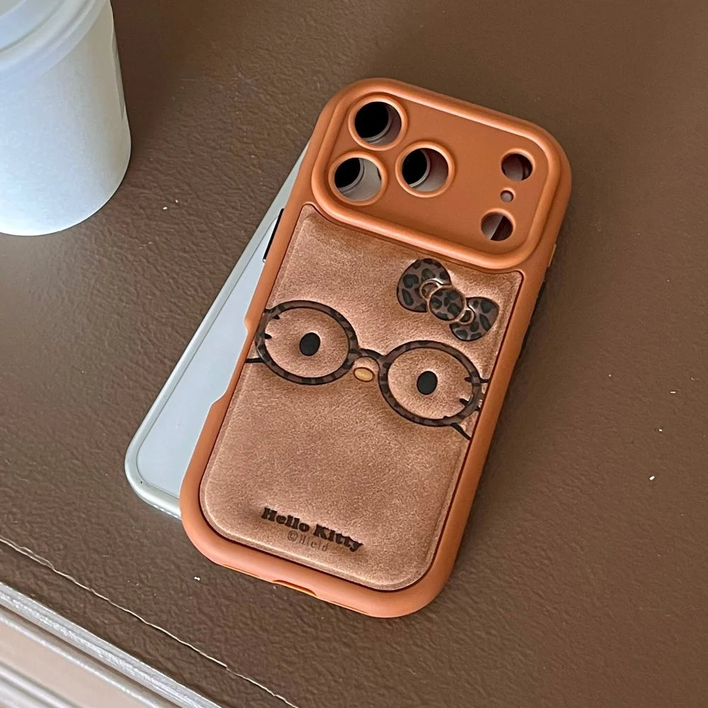 Brown Cute Leather Leopard Print Glasses Kiity Phone Case Suitable For iPhone
