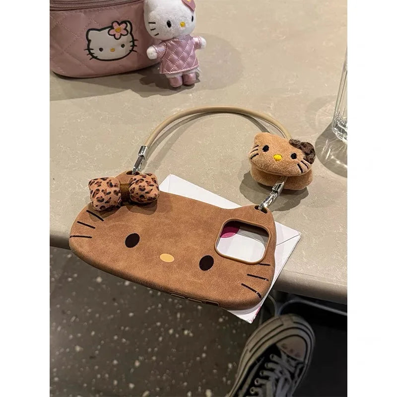 Hello Kitty Leather 3D Bow Brown Phone Case For iPhone