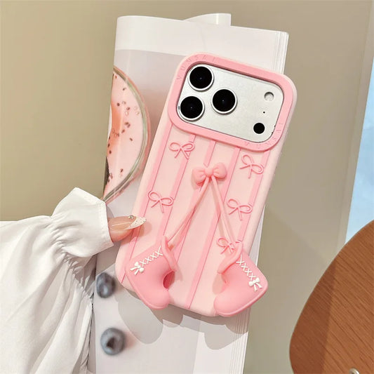 3D Cartoon Pink Boots Bowknot Pendant Striped Phone Case For  iPhone