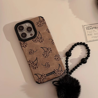 Leopard Print Cherry Suede Leather Phone Case with Beaded Chain For iPhone