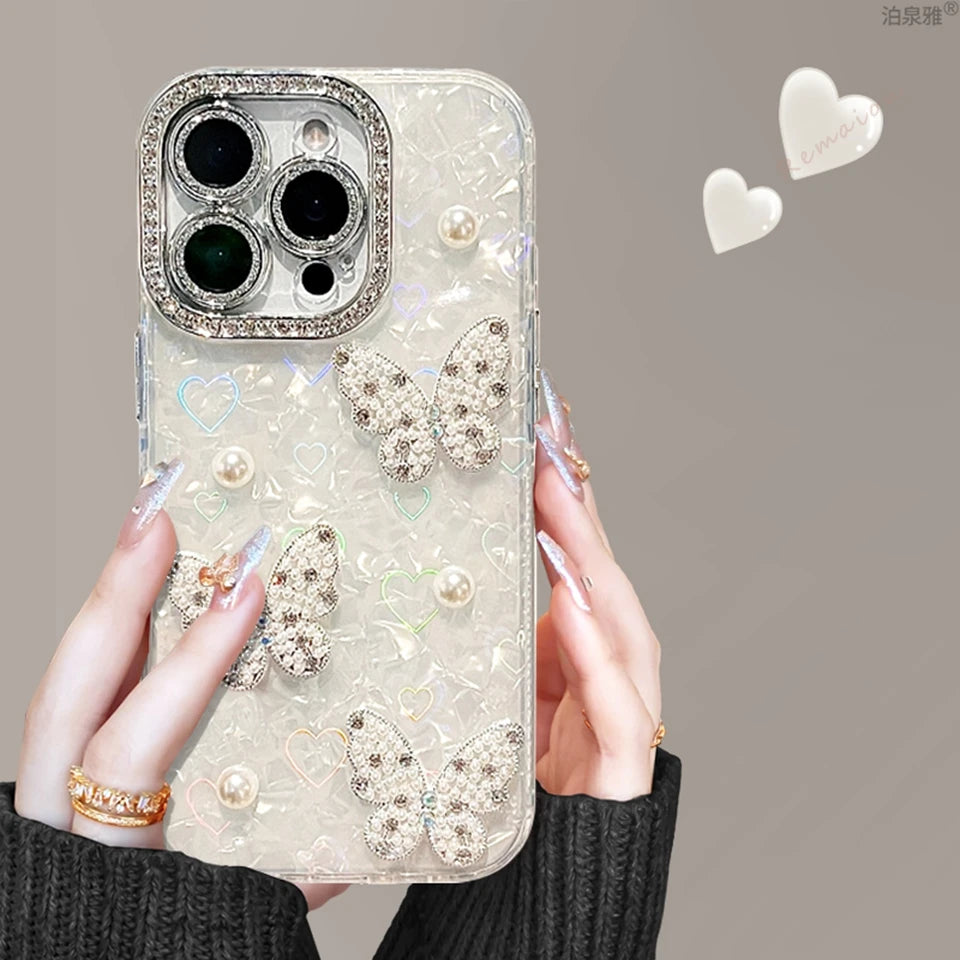 Bling Glitter Heart Pearl Phone Case For iPhone