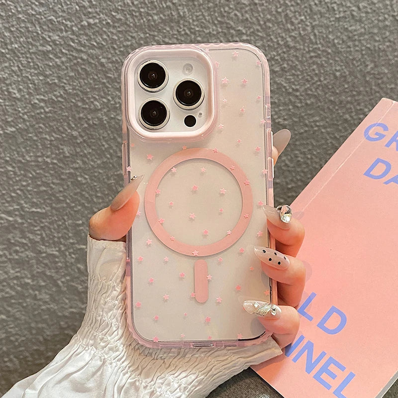 Pink Stars Magnetic Wireless Charge Clear Phone Case