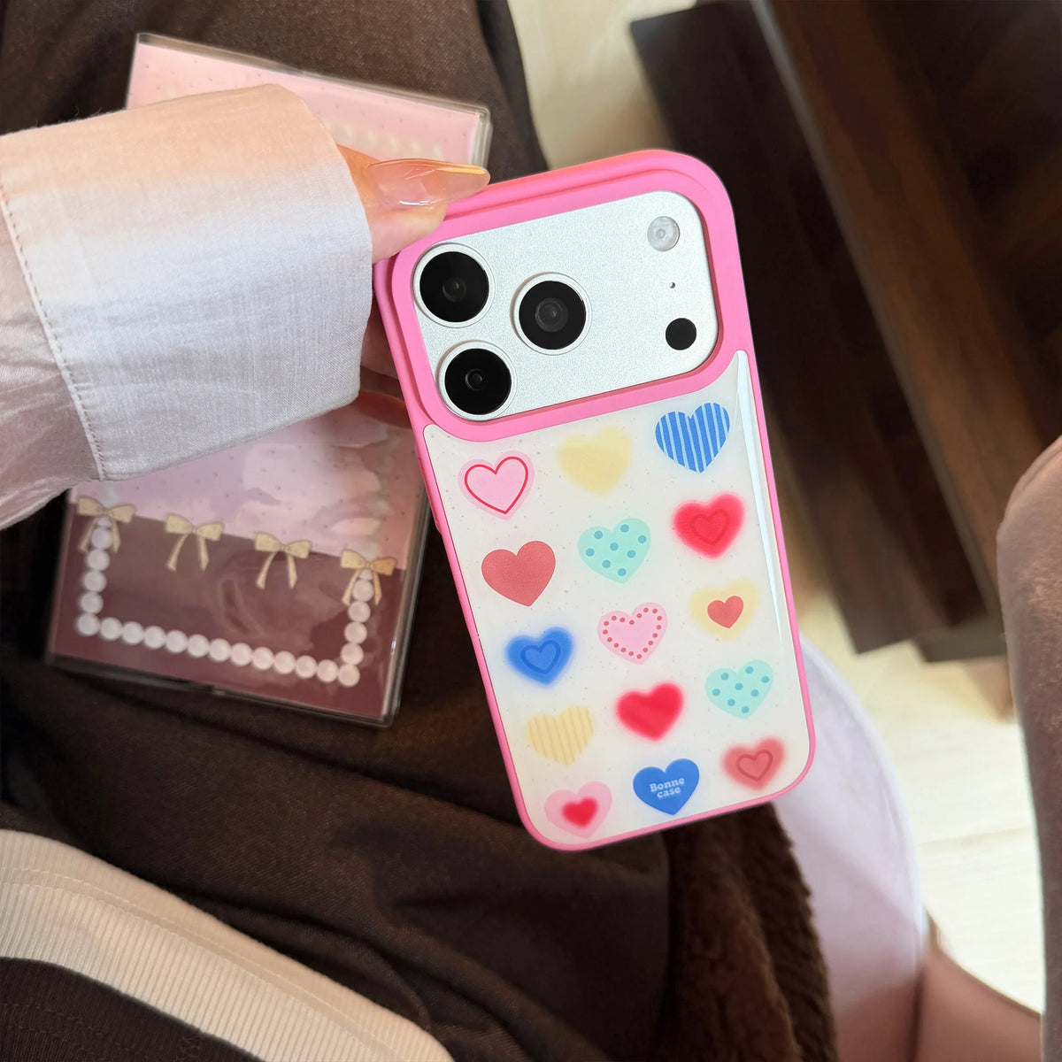 Korean Colorful Cartoon Love Heart Pattern Drop Glue Phone Case For iPhone