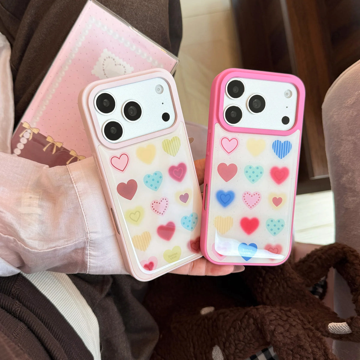 Korean Colorful Cartoon Love Heart Pattern Drop Glue Phone Case For iPhone
