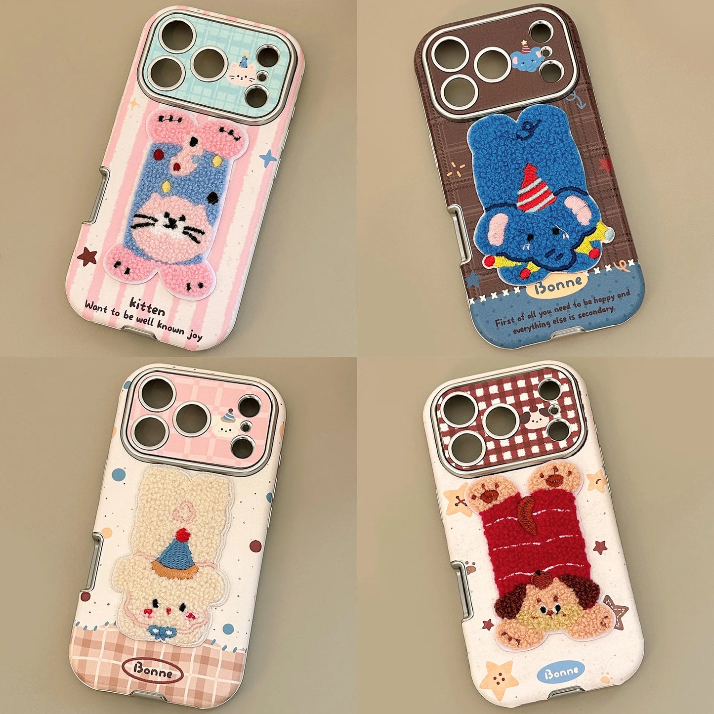 Korean Cartoon Embroidery Plush Animals Leather Texture Phone Case For iPhone