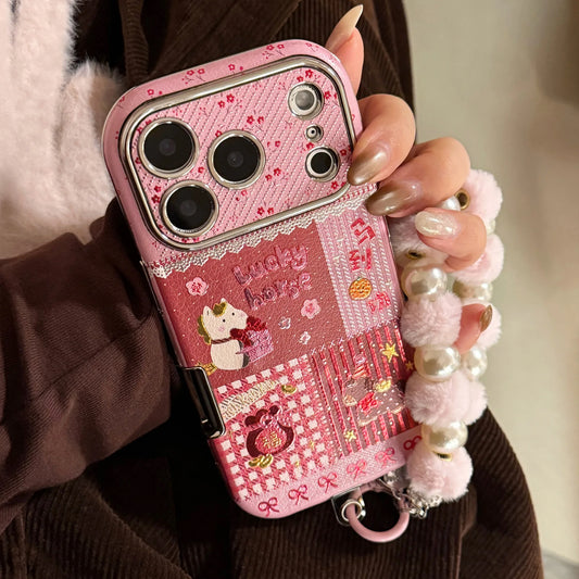 Korean Cartoon Horse Splicing Leather Texture Phone Case For iPhone