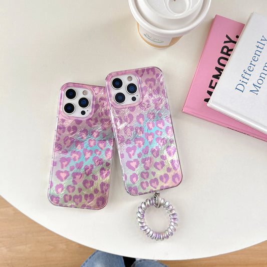 Iridescent Pink Holographic Leopard Print with Wrist Chain Trendy Phone Case