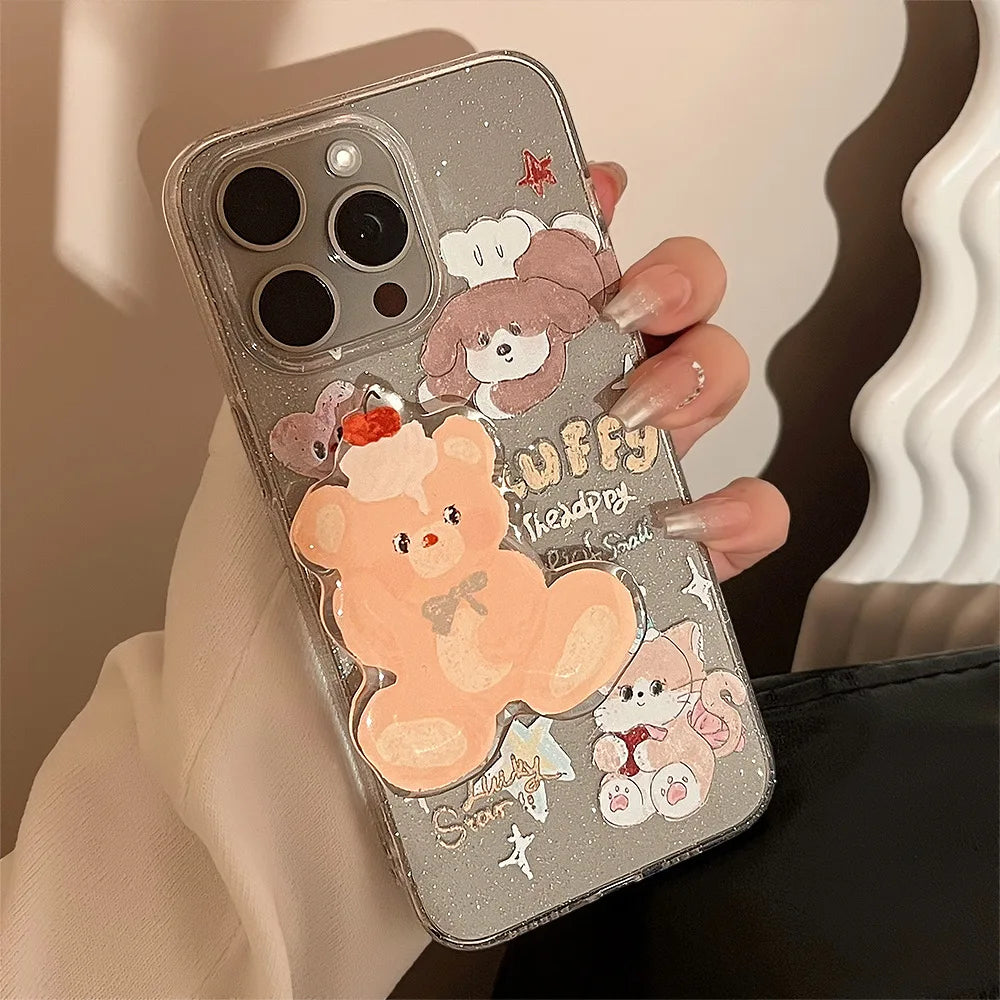 Korean Cute Cartoon Animals Bear Bracket Phone Case For iPhone