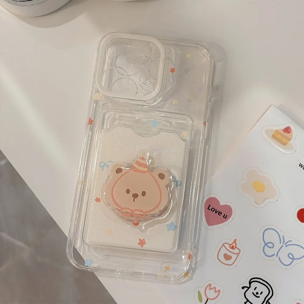 Lovely Cartoon Bear Card Package Phone Case With Stand Holder For iPhone
