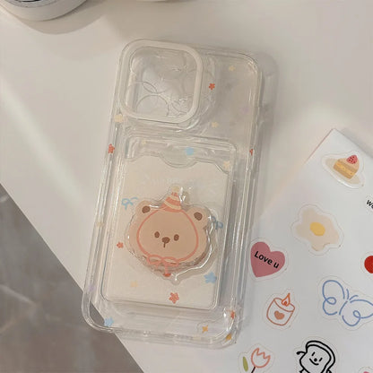Lovely Cartoon Bear Card Package Phone Case With Stand Holder For iPhone