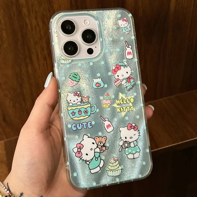 Hello Kitty Bow Green Wave Point Phone Case For iPhone