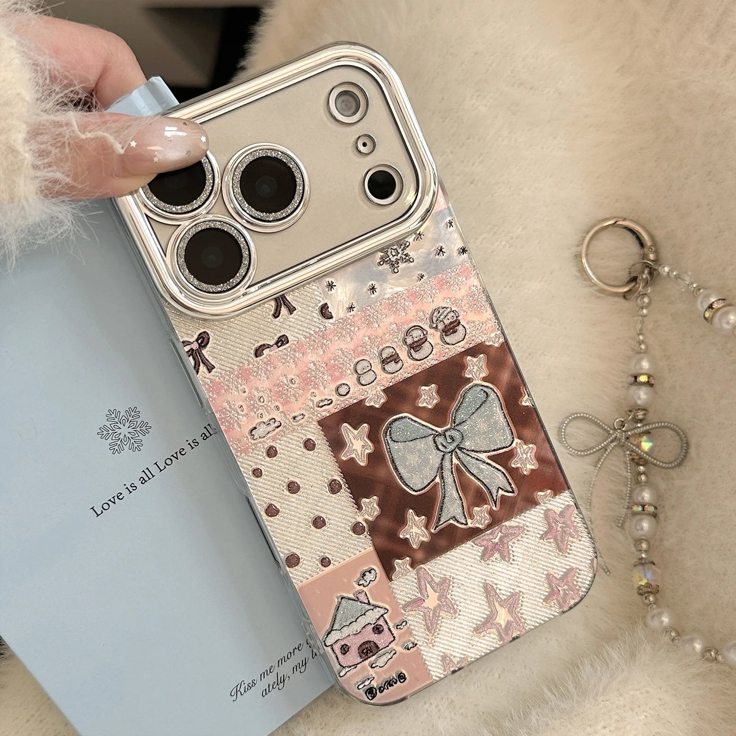 Korean Bowknot Splicing Phone Case With Chain For iPhone