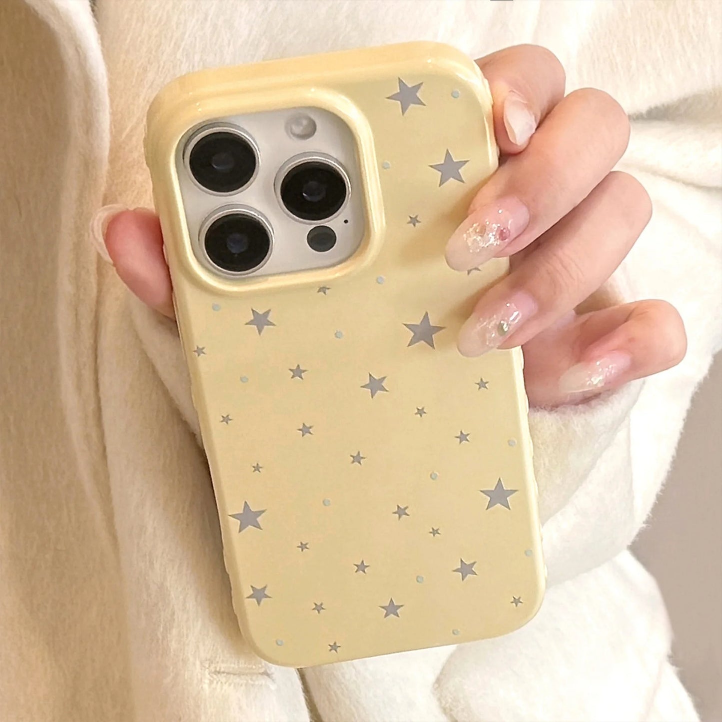 Korean Style Yellow Full Screen Grey Stars Soft Phone Case For iPhone