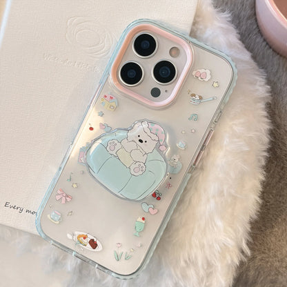 INS Dessert Clear Cartoon Sofa Puppy Bracket With Chain Phone Case For iPhone