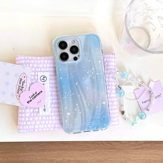 Gradient Blue Star Pattern with Beaded Wrist Chain Korean Style Phone Case