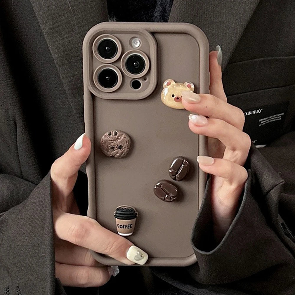 Cartoon 3D Bear Coffee Phone Case For iPhone