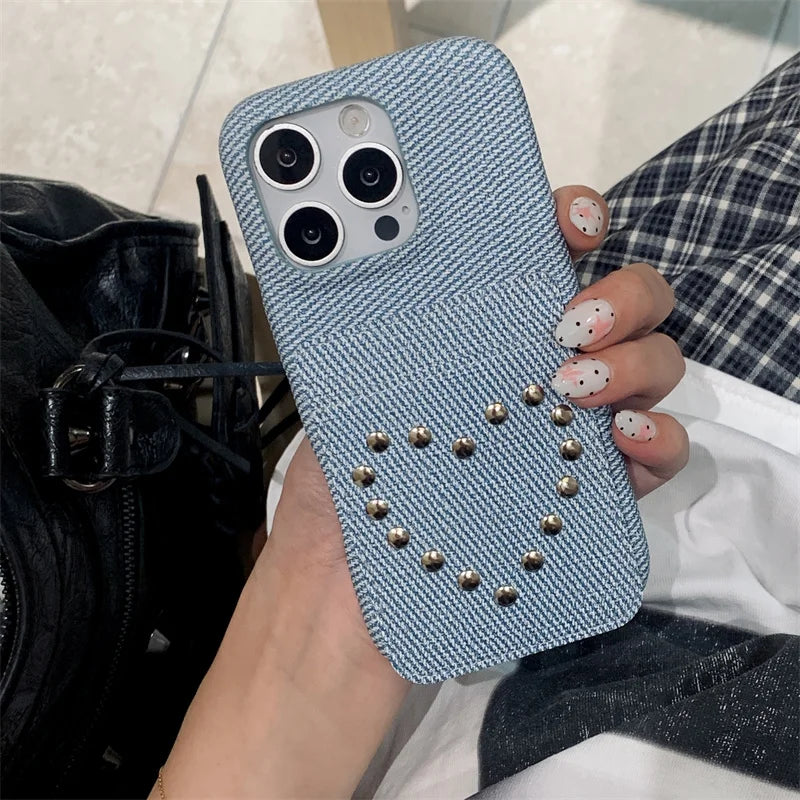 Fashion Riveted Love Card Holder Bag Denim Phone Case