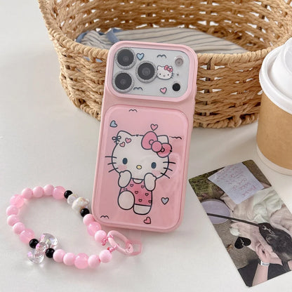 Pink Leather Hello Kitty Phone Case With Bead Wrist Lanyard Shockproof Cute Cartoon Protective Cover For iPhone