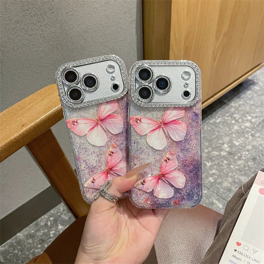 Luxury Diamond Sequins Pink Butterfly Phone Case For iPhone