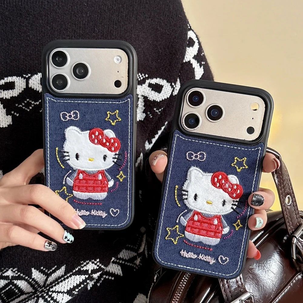 Luxury Denim Leather Pattern Cartoon Hello Kitty Case For iPhone