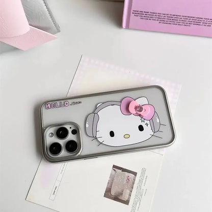 Hello Kitty Big Face Music Pink Bow Strap Phone Case For iPhone